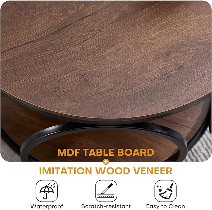 BECHAEO 31.5" Round Coffee Table with Storage - 2 Tier Vintage Coffee Table for Living Room, Industrial Design Wood Top & Metal Legs, Modern Accent Cocktail Tables for Home Office