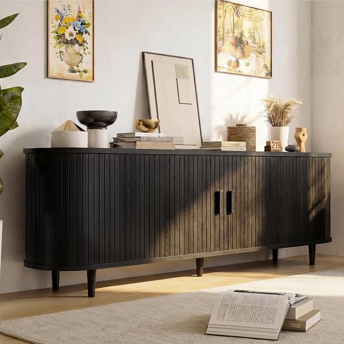 65" Mid Century Modern TV Stand, Wood TV Consoles with Sliding Doors and Power Outlet, Fluted Entertainment Center with Adjustable Shelves, Media Console for Living Room, Black - Image 7