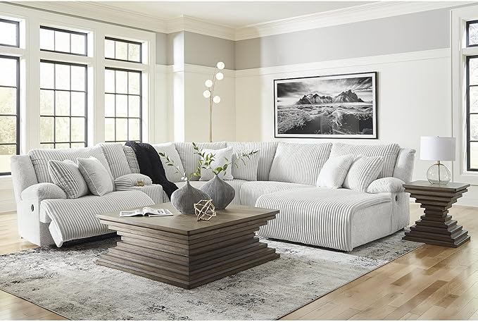 Signature Design by Ashley Top Tier Modern Left-Arm Facing 6-Piece Reclining Sectional with Chaise, Armrest, Throw Pillows and Storage, Light Gray