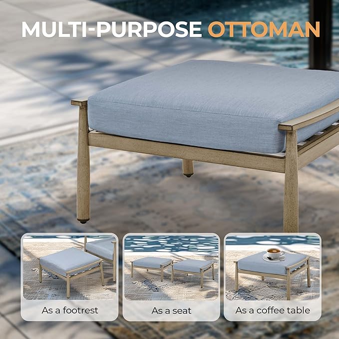 HAPPATIO Patio Outdoor Furniture Set - 7 Pieces Aluminum Outdoor Conversation Set Includes 1 Loveseat, 1 Coffee Table, 1 Side Table, 2 Armchairs, and 2 Ottomans for Porch, Lawn (Brown)