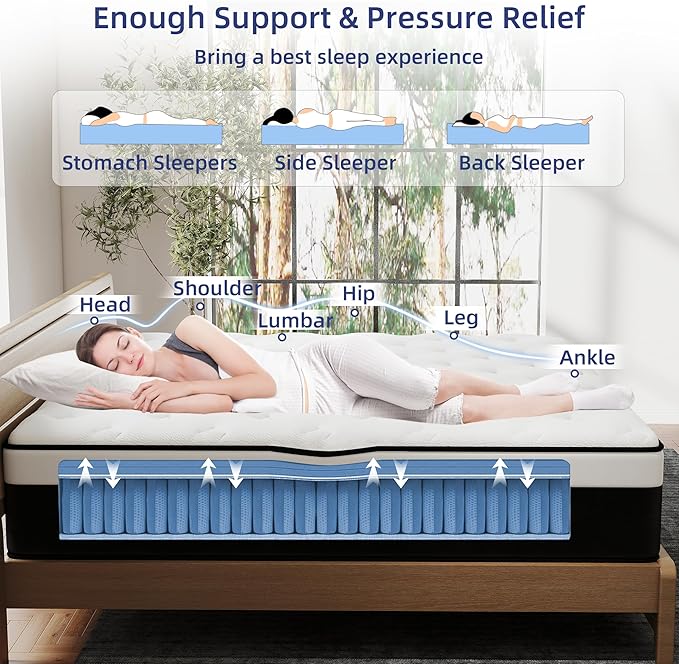 Queen Mattress, 12 Inch Queen Hybrid Mattress in a Box with Memory Foam, Medium Firm, Euro Top, Reinforced Edge Support, Pressure Relief & Motion Isolation, CertiPUR-US Certified