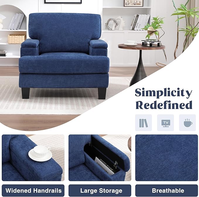Oversized Accent Chair Set of 2 with Storage Armrest, Modern Upholstered Reading Living Room Chairs, Comfy Large Armchair, Fabric Single Sofa Chair for Bedroom (Navy Blue)