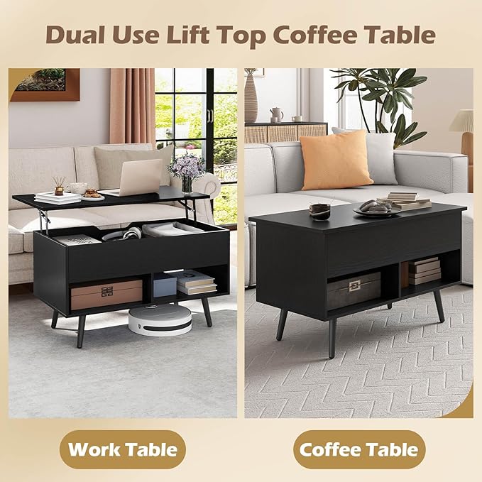 Giantex Lift Top Coffee Table, Modern Cocktail Table w/Hidden Compartment & 2 Open Shelves, Flip Top Center Table, Wooden Pull up Coffee Table for Living Room, Reception Room, Office (Black)