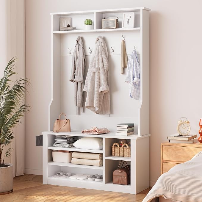 Aiho Entryway Bench with Coat Rack, 5-in-1 Hall Tree with Bench and Shoe Storage, Entryway Furniture, Adjustable LED Light, for Hallway, Living Room, White - Image 7