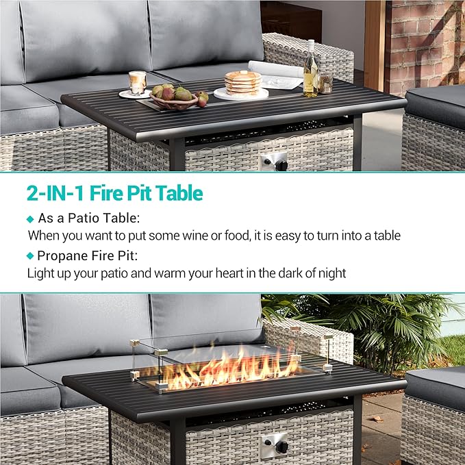 13-Piece Outdoor Patio Furniture Set with 55,000 BTU Fire Pit Table, Grey PE Wicker Rattan Sectional Sofa Patio Conversation Set with Coffee Table, Grey