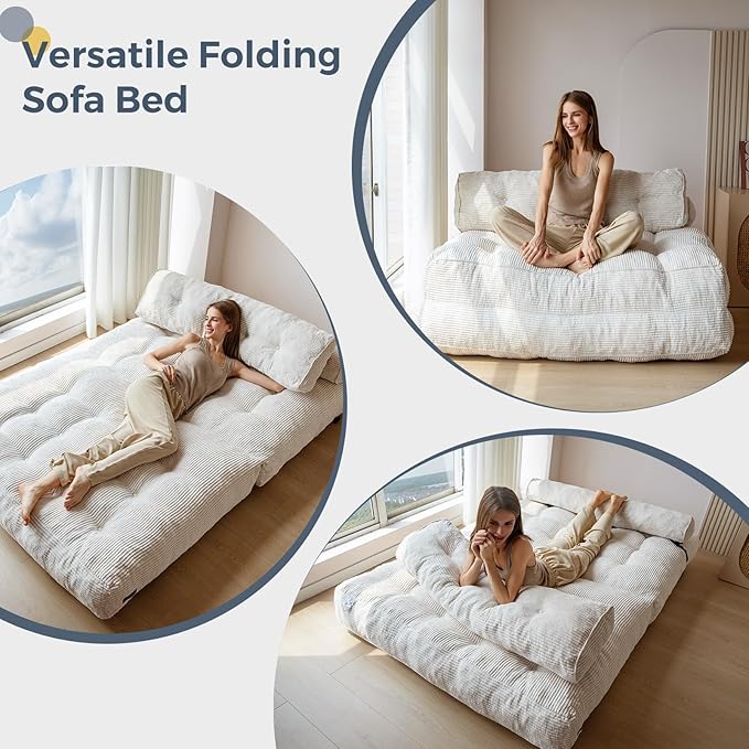 MAXYOYO Folding Sofa Bed, Convertible Sleeper Chair with Pilow Foldable Mattress with Back Support, Portable Fold Out Chair Bed Comfy Floor Sofa Lounge for Living Room Bedroom, Beige, Double