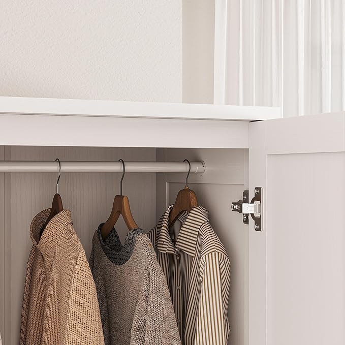LIKIMIO Armoire Wardrobe Closet with Barn Doors and Drawers and Full Mirror and 5 Storage Shelves 70" Wooden Bedroom Wardrobe Combination for Hanging Clothes, White