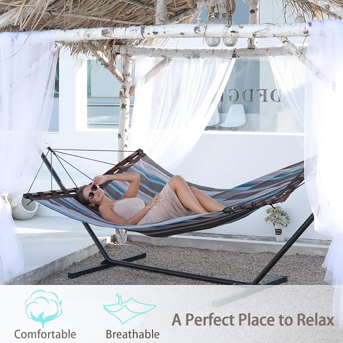 TegerDeger 12FT 2 Person Hammock Large Hammock Quick Dry 450LB Capacity with V Shaped Hardwood Spreader Bar & Nylon Rope for Outside, Patio, Garden, Backyard, Beach, Poolside - Brown Stripes - Image 2