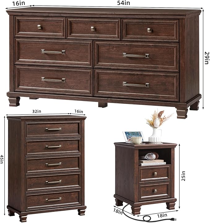 SAVOR LIFE Farmhouse Dresser and Nightstand Sets 3 Piece, 5/7 Drawer Dresser & 2 Drawer Nightstand Set, Rustic Wood Bedroom Furniture Set for Home, Bedroom, Hallway, Walnut