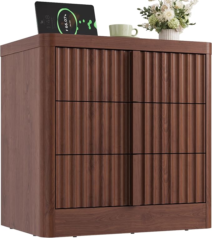 23.6" Nightstand with Charging Station, Bedside Table with 3 Storage Drawers, Mid Century Modern Night Stand with Solid Wood Handle, End Table for Bedroom, Living Room, Walnut by YANSNWO