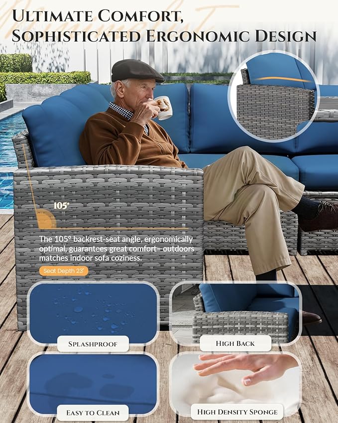 U-MAX 7 Pieces Patio Furniture Set with 43" Fire Pit Table, Outdoor Sectional Sofa Conversation Set, All Weather Wicker Rattan Dining Table & Chair with Ottoman, Grey Rattan&Dark Blue Cushion
