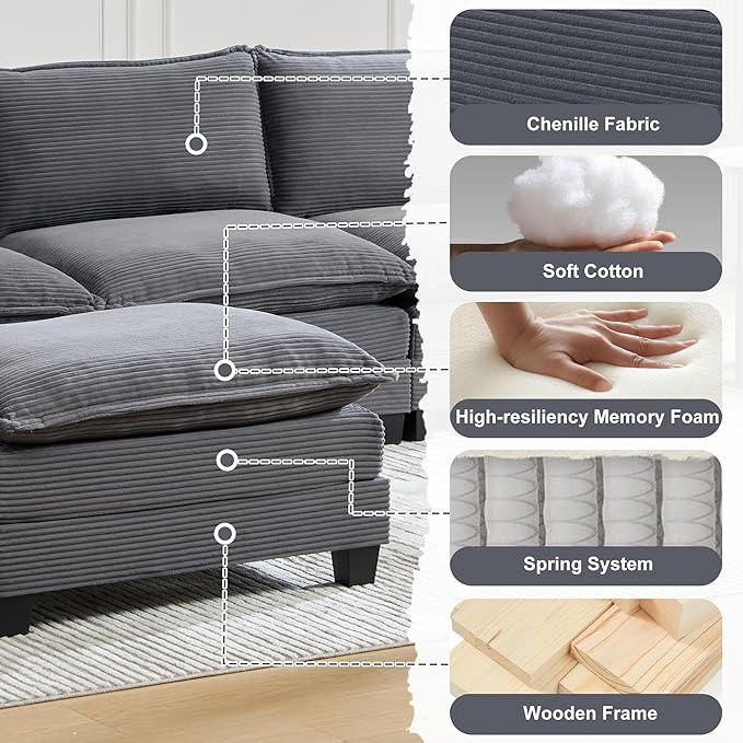 Modular Sectional Sofa Couch with Reversible Ottoman, 103" Oversized Corduroy Cloud Couch, 3 Seat Sectional Sofa with Solid Wood Frame and Side Pockets,for Living Room & Apartment