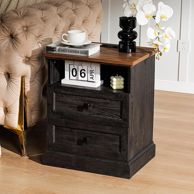 Night Stand with Charging Station, Bedside Table with 2 Drawers Storage and Open Shelf, Nightstand with Outlets, Wood Modern End Table for Bedroom Office (1, Dark Grey) - Image 2