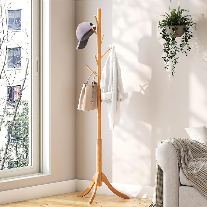 kiplant Coat Rack Freestanding, Bamboo Wood Coat Stand with 8 Hooks,3 Adjustable Size,Easy Assembly NO Tools Required, Coat Tree Hanger Stand for CoatsScarves in Hallway - Image 2