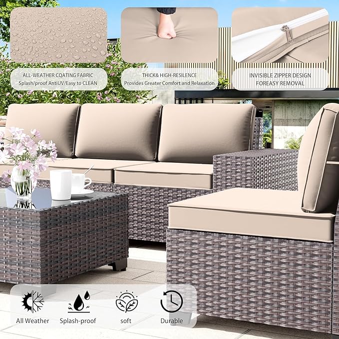 12 PCS Outdoor Patio Furniture Set,Outdoor Sectional Furniture All Weather PE Rattan Wicker Patio Conversation Set with 2 Coffee Tables and 10 Thickened Cushions,Sand