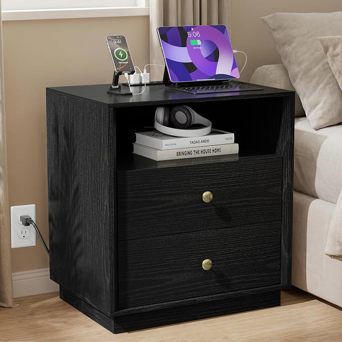 Black Nightstand with Charging Station Set of 2, Wide Bedside Table with 2 Storage Drawer and Open Wood Shelf, Night Stand for Bedroom, Side Table, End Table, Black - Image 6