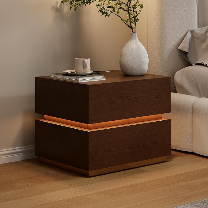 homary Smart Nightstand Set of 2 with Wireless Charging Station, USB & Type-C Ports, LED Light, 2 Drawers – Modern Walnut Bedside Table for Bedroom Storage - Image 6