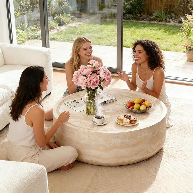 35.43" Round Coffee Table in Faux Marble, Stone Coffee Table, Modern Fiberglass Drum Table, Center Table for Living Room, No Assembly.