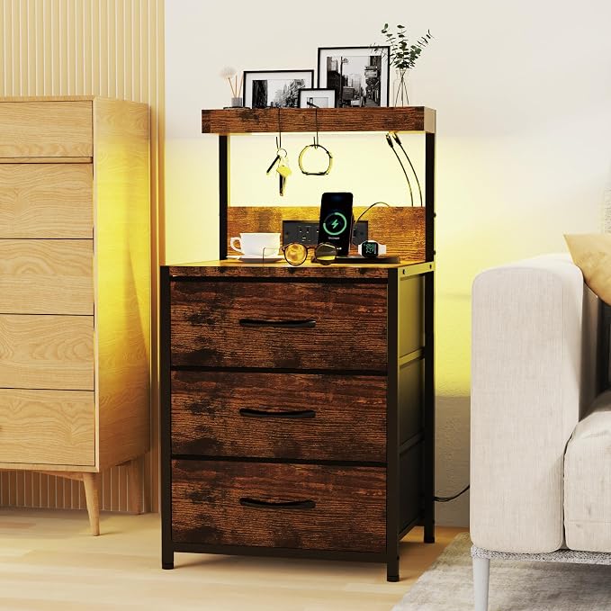 SZLHANJZ Nightstands Set of 2, End Table with LED Light and Charging Station Type C, 3 Drawers Storage Night Stand with Hooks, Tall Bed Side Table for Bedroom Dorm, Rustic Brown - Image 8