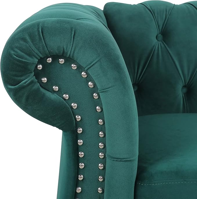 LEVNARY Velvet Chesterfield Chair, Mid-Century Modern Single Sofa Chair with Button Tufted Backrest and Nailhead Decor, Tufted Upholstered Rolled Armchair for Home Bedroom Reading Room (Green)