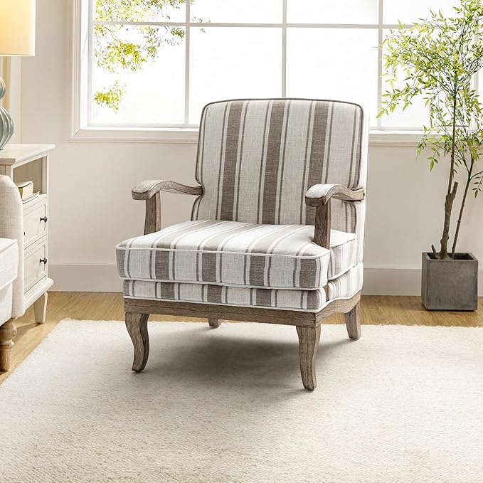 HULALA HOME Upholstered Accent Chair, Mid-Century Modern Striped Chair with Graceful Curves and Wooden Legs, Comfy Lounge Armchair Striped Accent Chairs for Living Room, Bedroom (TAN)