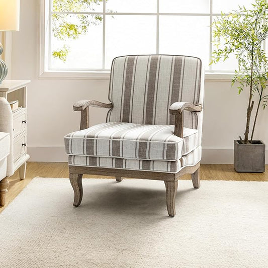 HULALA HOME Upholstered Accent Chair, Mid-Century Modern Striped Chair with Graceful Curves and Wooden Legs, Comfy Lounge Armchair Striped Accent Chairs for Living Room, Bedroom (TAN)