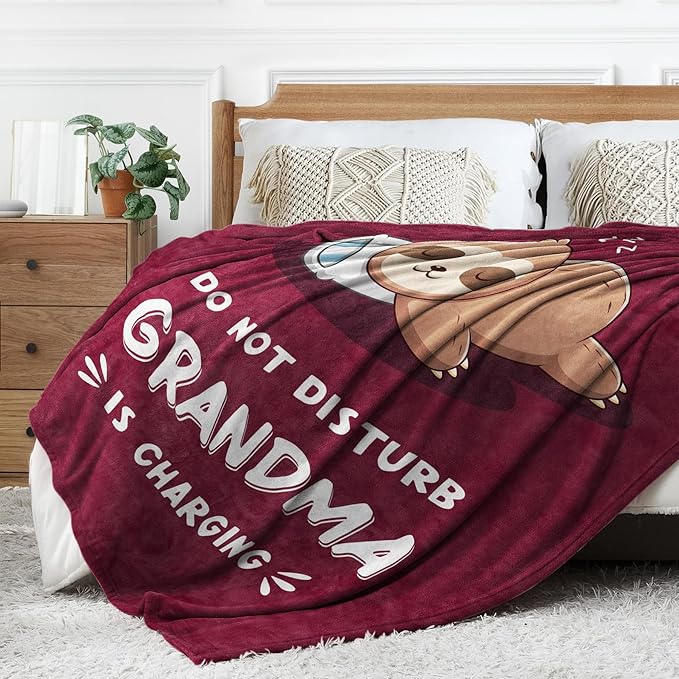 Funny Gifts for Grandma, Grandma is Charging Sloth Blanket, Birthday Gifts for Grandmas from Grandkids,Grandmas Gitts for Mothers Day Christmas, Soft Sloth Blanket for Grandmother, Burgundy, 60" x 80"