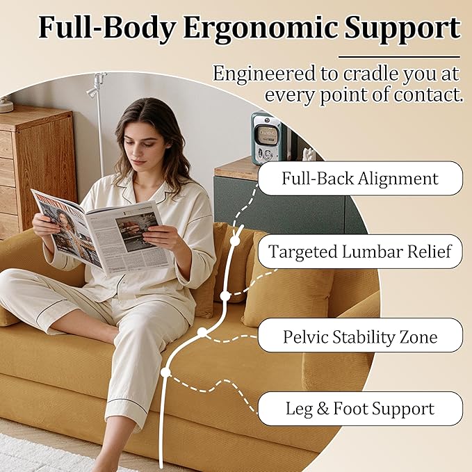 63'' Convertible Compressed Corduroy Folding Sofa Bed, Modern Modular Boneless Pull Out Loveseat Sleeper in a Box, 5 in 1 Floor Mattress Futon Couch, No Assembly Needed, Yellow, 2 Pillows, Queen