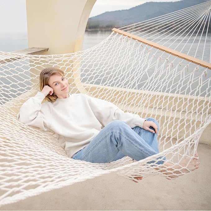 GAFETE 12ft Double Hammocks for Outside, Handwoven Traditional Cotton Rope 2 Person Hammock with Hardwood Spreader Bar, Chains & Hooks for Indoor Outdoor, Max 450 lbs Capacity (Natural Beige, Medium) - Image 7