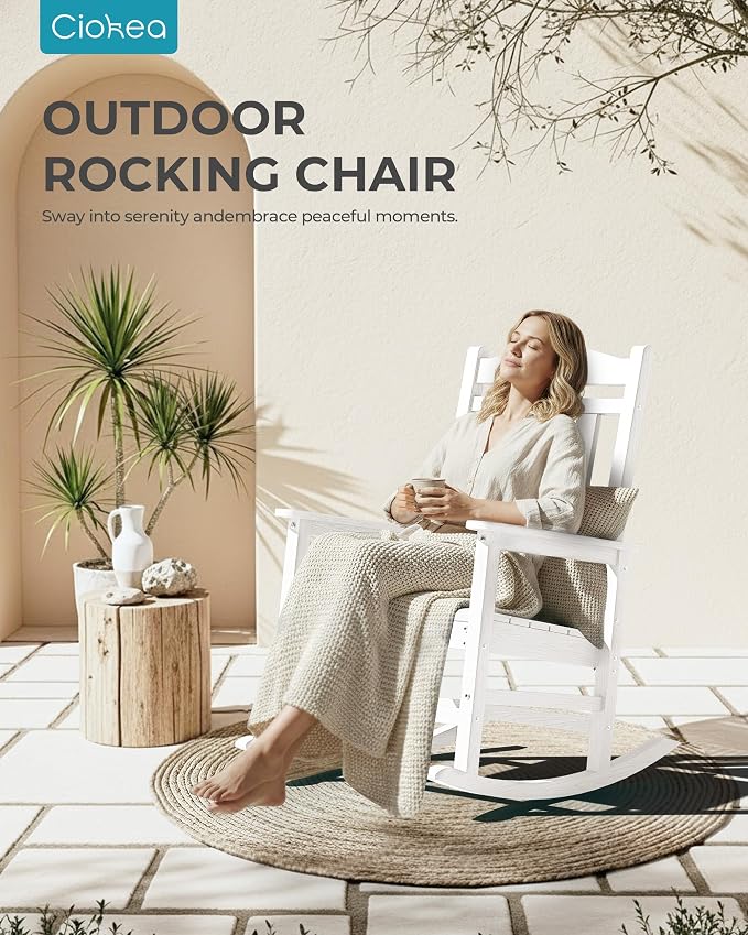 Ciokea Oversized Outdoor Rocking Chairs Set of 3, 380lbs Heavy-Duty Large Patio Rocker, High Back Cozy Porch Chairs, Weather Resistant Patio Rocking Chairs for Outside, Fire Pit, Deck, White - Image 8