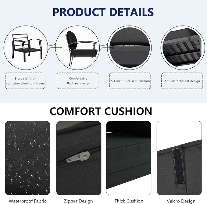Aluminum Outdoor Patio Furniture Set,4 Pieces 5 Seats Patio Conversation Sets with 45" Propane Fire Pit Table,Metal Patio Sectional Furniture Set with 2 Swivel Rocking Chairs,Black