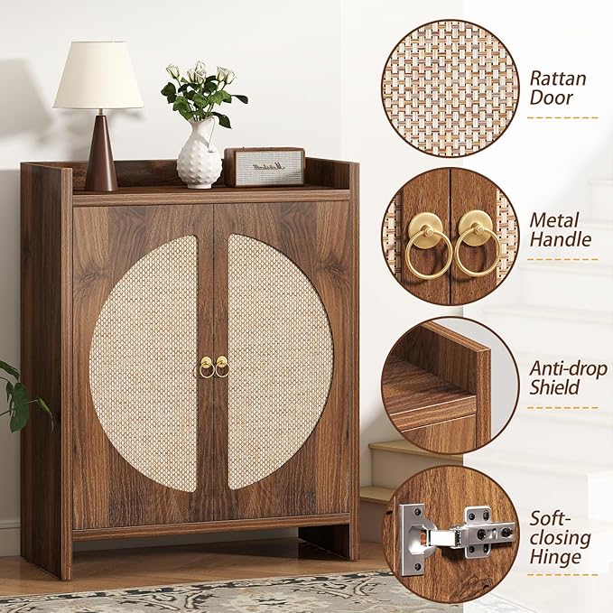 Shoe Cabinet Storage for Entryway - Rattan Entry Way Shoe Storage Cabinet with Adjustable Shelves, Wood Shoe Organizer Cabinet, Accent Cabinet with Doors for Entrance Hallway Living Room Foyer - Image 5