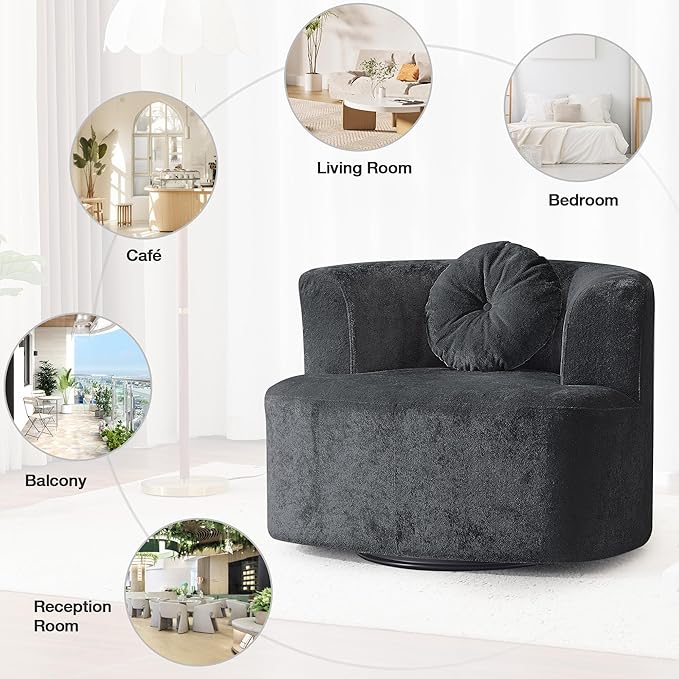 Oversized Swivel Accent Chair Set of 2, Modern Curved Back Single Sofa Chair, Comfy All-Foam Compression Upholstered Round Armchair with Pillow,Cozy Chenille Barrel Chair for Living Room(Dark Grey)