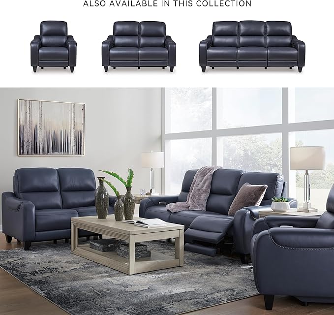 Signature Design by Ashley Mercomatic Contemporary Power Recliner with Adjustable Headrest and USB-C Fast Charging, Leather, 20.63" Seat Height, Blue