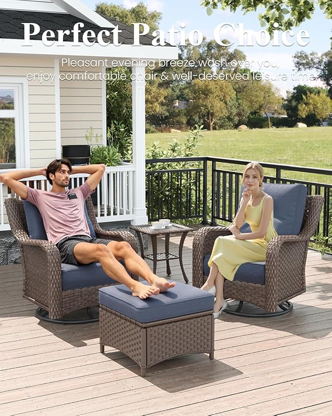 LayinSun 5 Piece Wicker Outdoor Furniture Set with 6-inch Comfy Cushions, High Back Patio Furniture Set with Swivel Rocking Chairs and Side Table