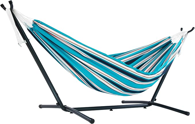 Vivere Double Sunbrella Hammock with Space-Saving Steel Stand, Heavy-Duty Portable Outdoor Hammock Set for Backyard, Patio, or Travel, Token Surfside - Image 4