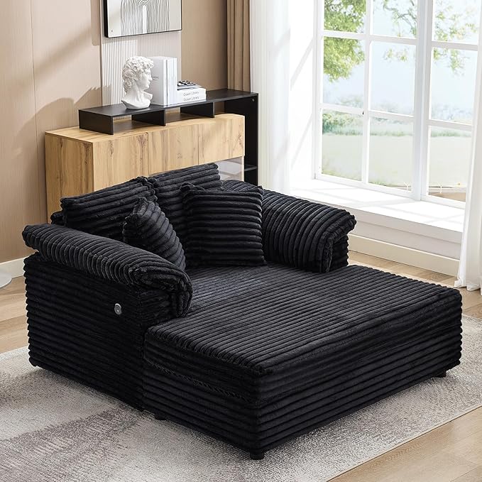 Oversized Chaise Lounge Chair 59 * 54 Inch Indoor Comfy Corduroy Cloud Sleeper Couch Upholstered Sofa Bed with USB Port Throw Pillows Supportive Armrests for Living Room