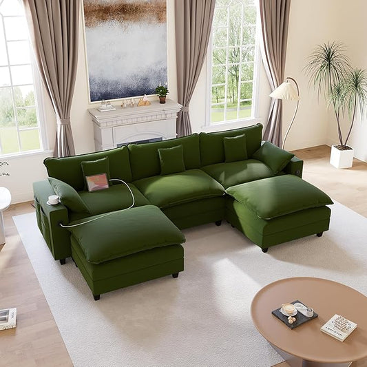 116" Modular Sectional Sofa, U Shaped Cloud Couch with Movable Ottoman, Chenille Deep Seat Cloud Sofa with Charging Station, Cup Holder, Side Pocket, Sectional Couches for Living Room, Green