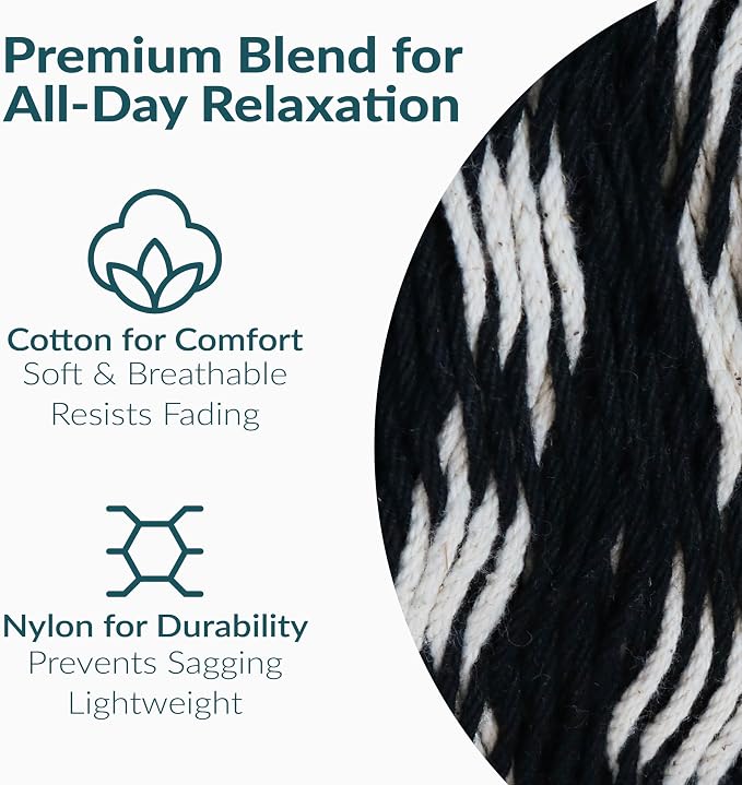 Sunnydaze Handwoven XXL Thick Cord Mayan Double Hammock for Outside - 625-Pound Capacity Heavy-Duty Outdoor Hammock - Black/Natural - Image 3