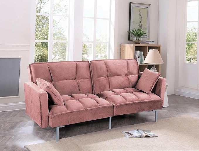 Regal 75.6" Velvet Convertible Sofa Bed - Mid-Century Sleeper Couch w/Tufted Design & Metal Legs - Pull-Out Futon for Guests/Home (75.6" W x 34.6" D x 32" H), Rose