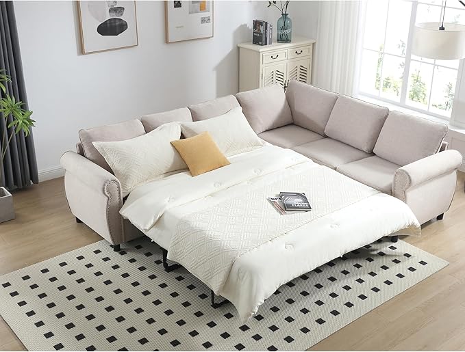 Ball & Cast 104" Sleeper Sofa Bed, L Shaped 6 Seater Sectional Sofa Couch with Pull Out Bed, 2 in 1 Pull Out Couch for Living Room, Office, Apartment,Beige