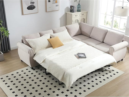 Ball & Cast 104" Sleeper Sofa Bed, L Shaped 6 Seater Sectional Sofa Couch with Pull Out Bed, 2 in 1 Pull Out Couch for Living Room, Office, Apartment,Beige