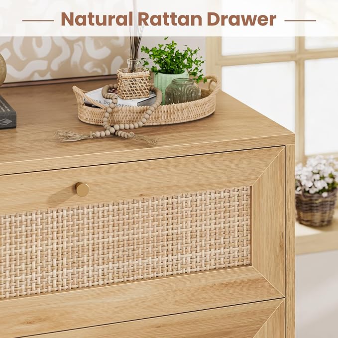 VIAGDO Rattan Nightstand Set of 2 with Charging Station, Natural Rattan Night Stand with 3 Large Wicker Decorated Drawers, Boho Bedside Table, End Side Table, 3 Drawer Dresser for Bedroom - Image 6