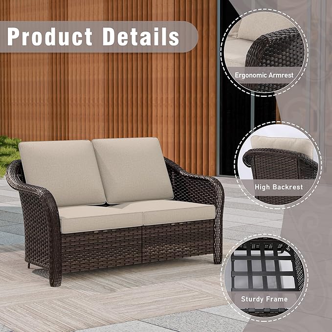 5 Piece Patio Wicker Conversation Set, All-Weather Use Outdoor Wicker Loveseat with 2 PE Rattan Ottomans,2 Chair, 1 Side Table, Ideal for Porch, Backyard, Balcony, Poolside, Beige