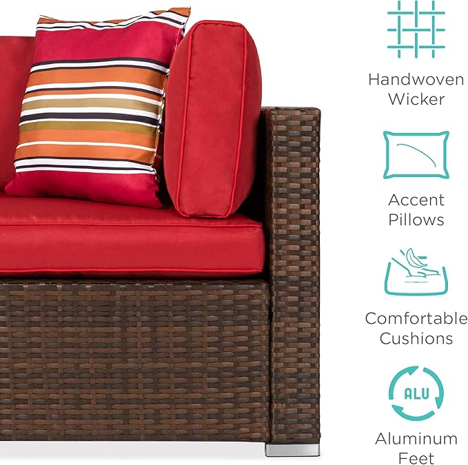 Best Choice Products 7-Piece Modular Outdoor Sectional Wicker Patio Conversation Set w/ 2 Pillows, Coffee Table, Cover Included - Brown/Red