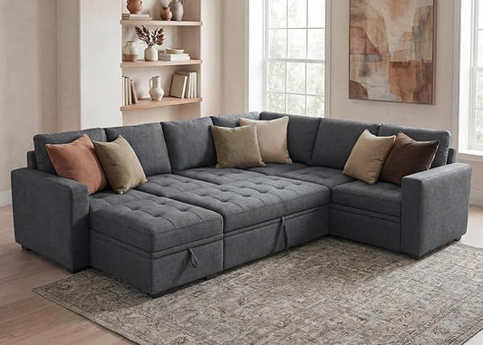 HONBAY Modular Sectional Couch with Pull Out Bed Sleeper Sofa with Storage U Shaped Modular Sectional Couches for Living Room,Warm Bluish Grey