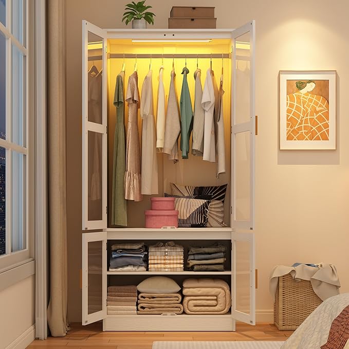 chartustriable 2 Doors Armoire Wardrobe Closet with LED,71" H Freestanding Wooden Wardrobe Closet Cabinet for Bedroom,Wooden Clothing Storage Cabinet with Hanging Rod,Closets for Bedroom(White)
