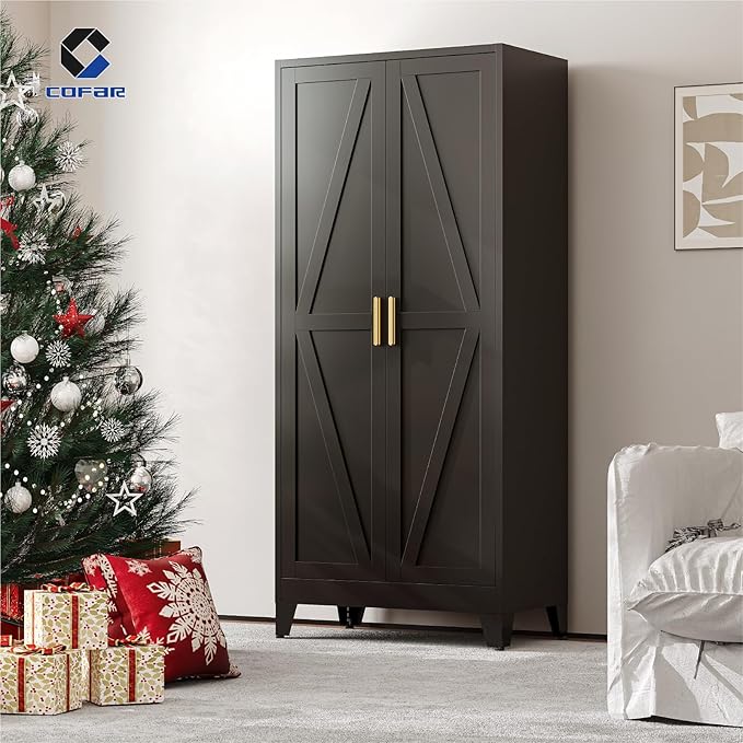 COFaR Metal Wardrobe Closet with Doors, Black Farmhouse Bedroom Armoires with Adjustable Hanging Rod and Shelves, 71'' Tall Closet Cabinet for Garage Storage, Roperos para Guardar Ropa