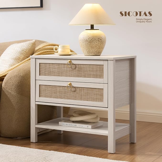 SICOTAS Boho Rattan Nightstand Set of 2, 26.7" Extra Wide Bedside Table with 2 Drawers & Open Shelf, White Oak Large Side Table for King Size Bed, Modern Coastal End Table for Master Bedroom - Image 7