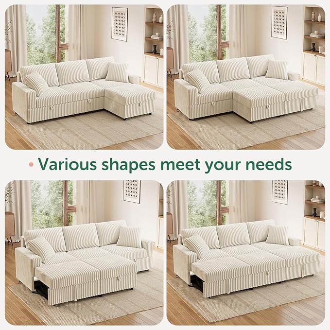 HONBAY 94.5 Inch Modular Sectional Sleeper Sofa with Pull Out Bed, Convertible L & U Shaped Couch with Storage & Adjustable Backrest, Velvet White